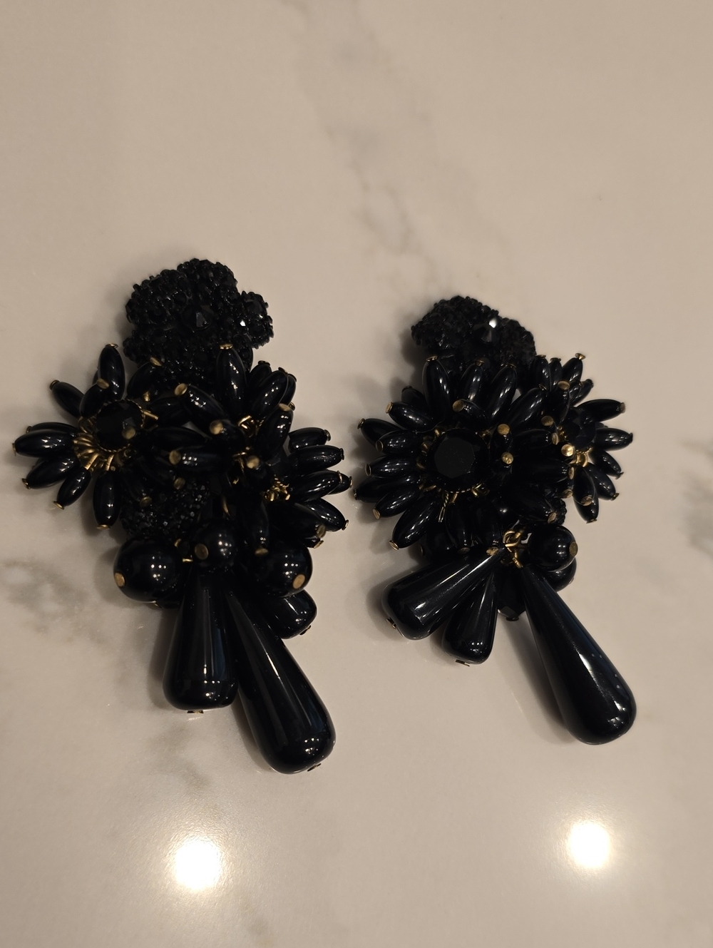 Black Floral Drop Statement Earrings Beaded Vintage Deco Clip On Dangle Evening